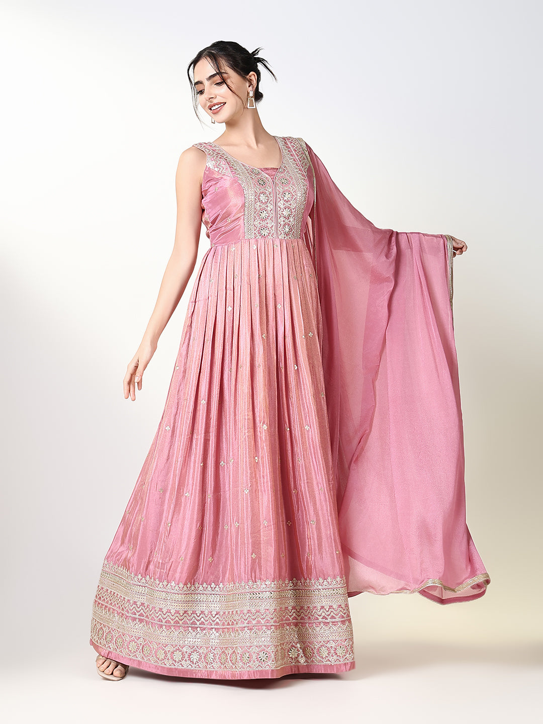 Women Pink Embroidered Anarkali Kurta with Dupatta