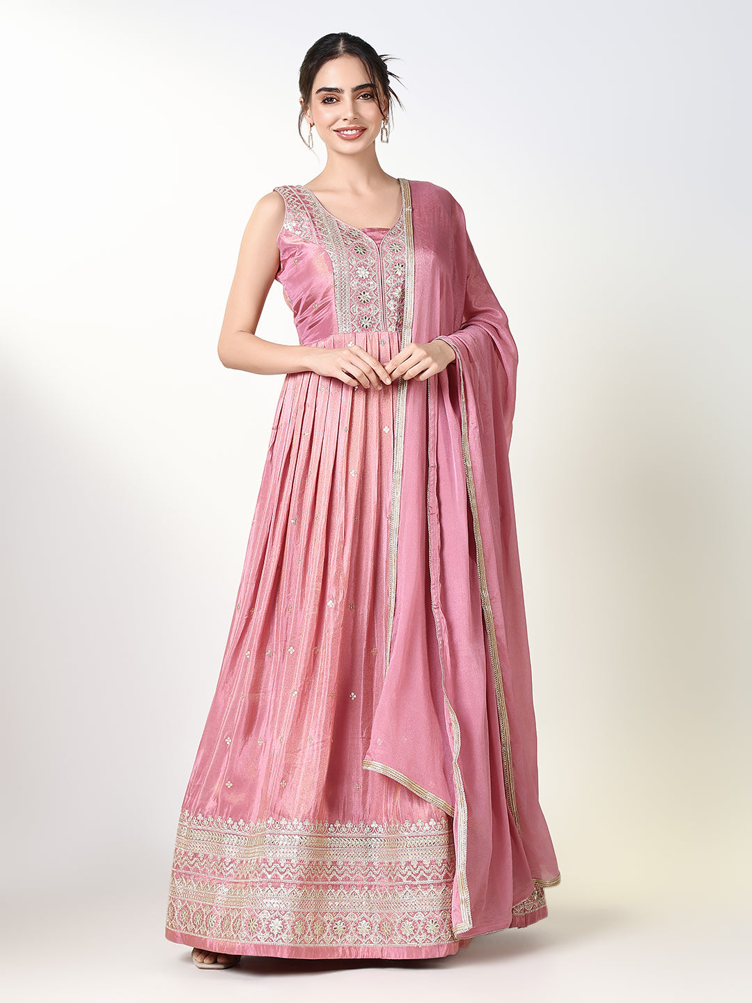 Women Pink Embroidered Anarkali Kurta with Dupatta