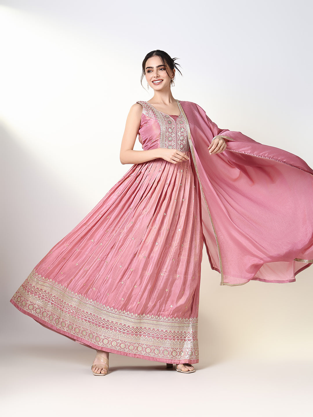 Women Pink Embroidered Anarkali Kurta with Dupatta