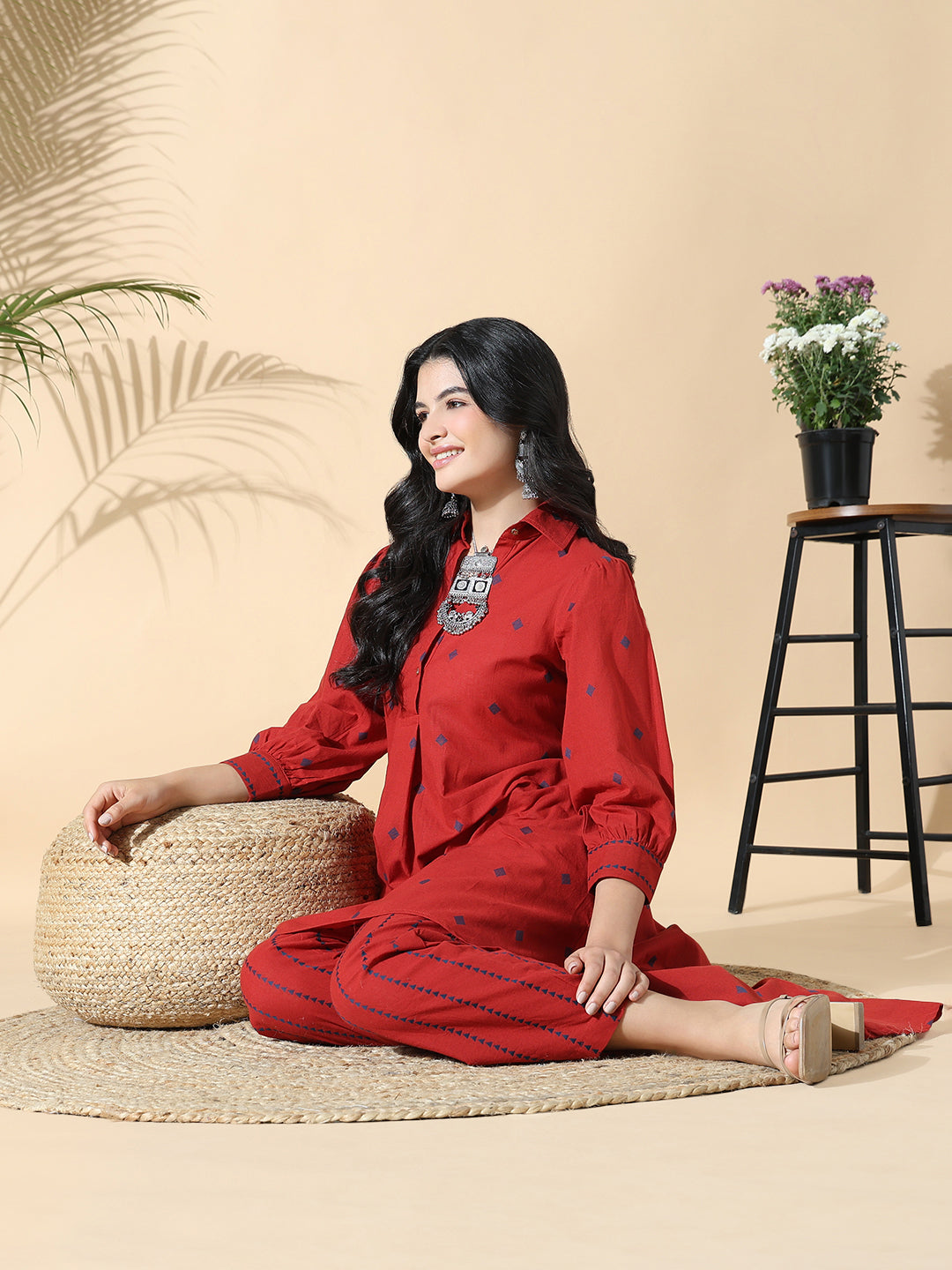 Women Geometric Anarkali Red Kurta Set