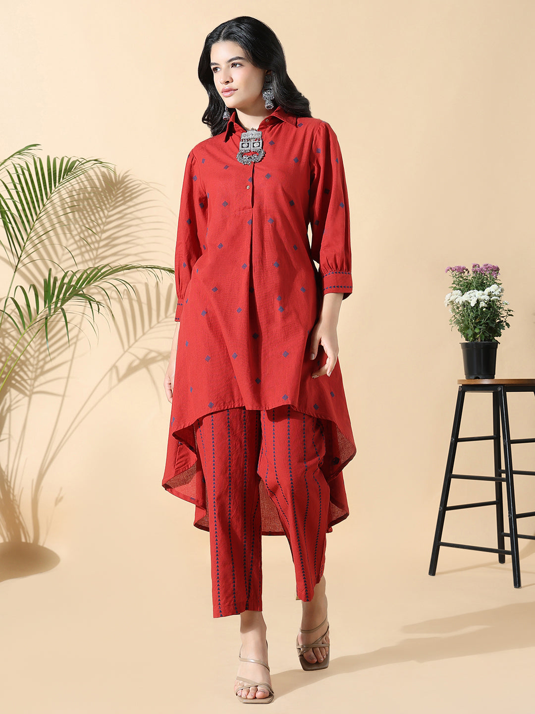 Women Geometric Anarkali Red Kurta Set