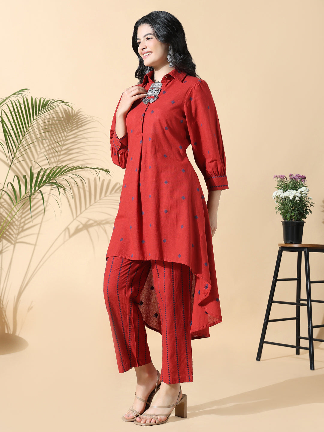 Women Geometric Anarkali Red Kurta Set