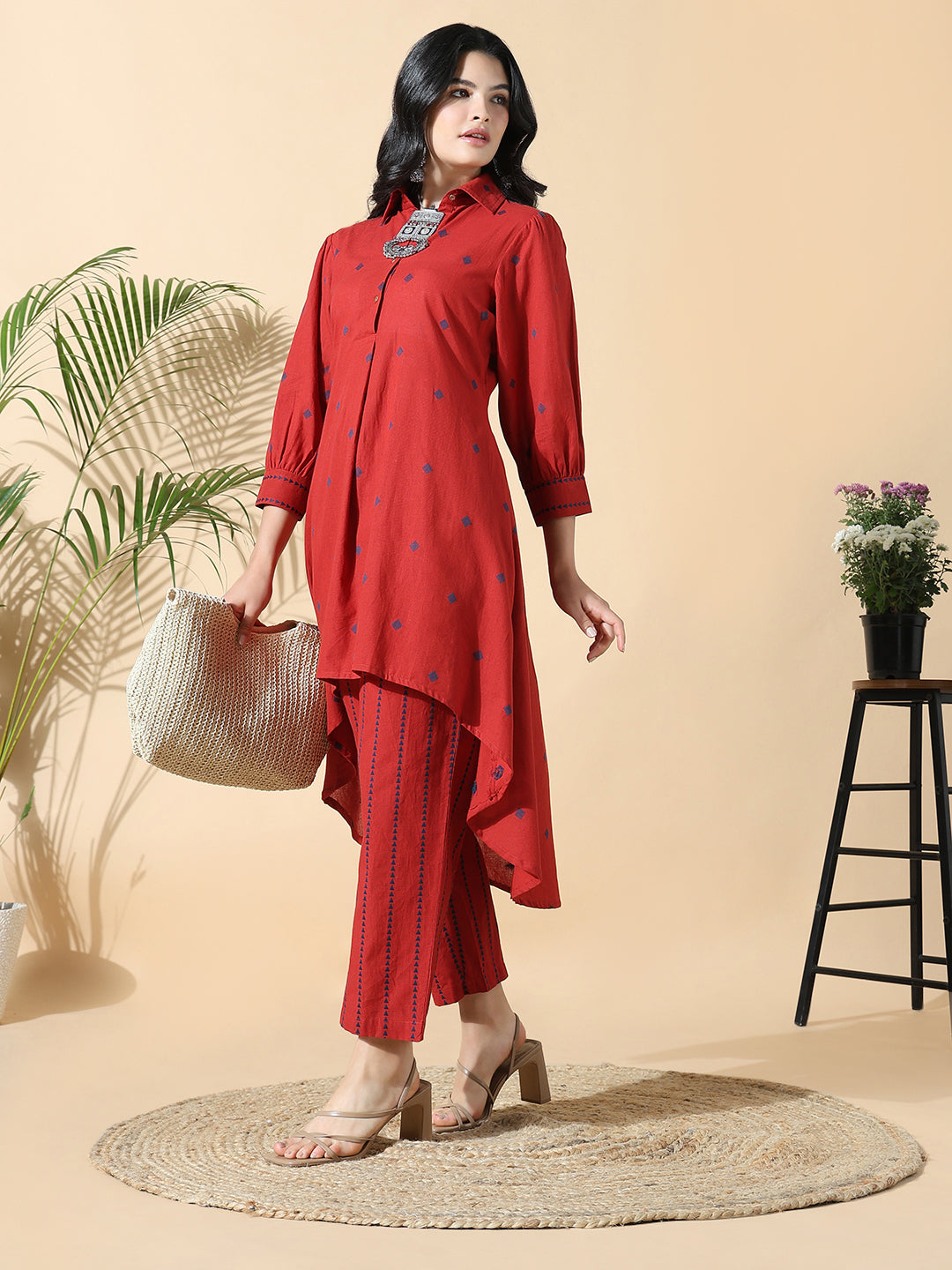 Women Geometric Anarkali Red Kurta Set