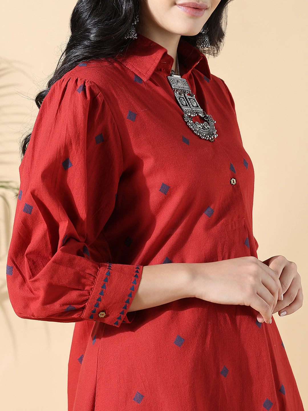 Women Geometric Anarkali Red Kurta Set