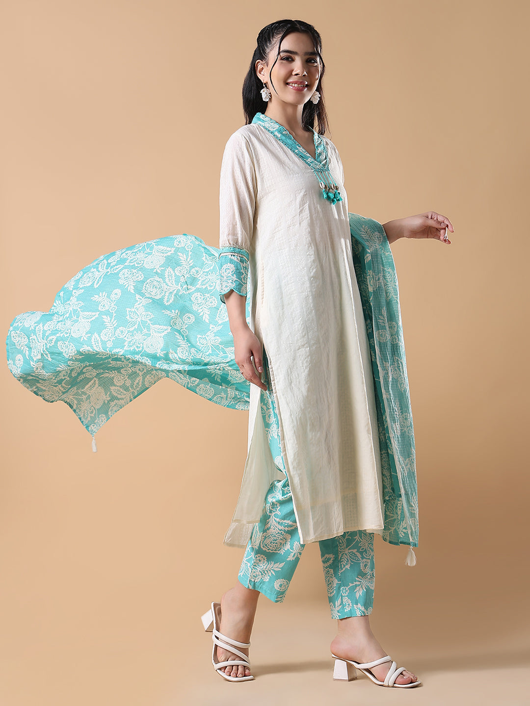 Women Cotton Solid Straight Off White Kurta Set with Dupatta