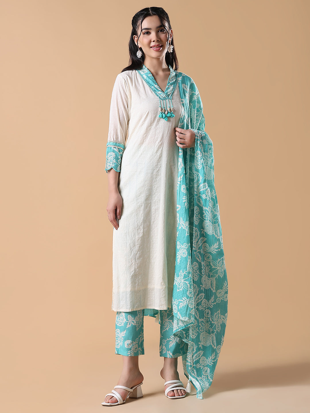 Women Cotton Solid Straight Off White Kurta Set with Dupatta