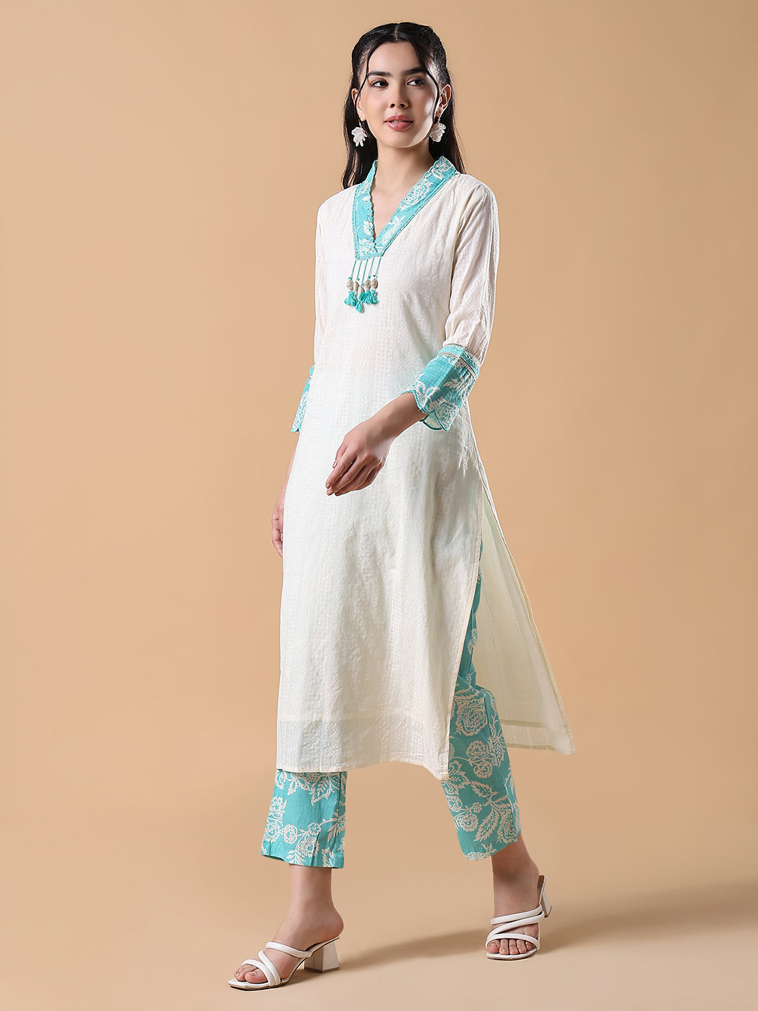 Women Cotton Solid Straight Off White Kurta Set with Dupatta