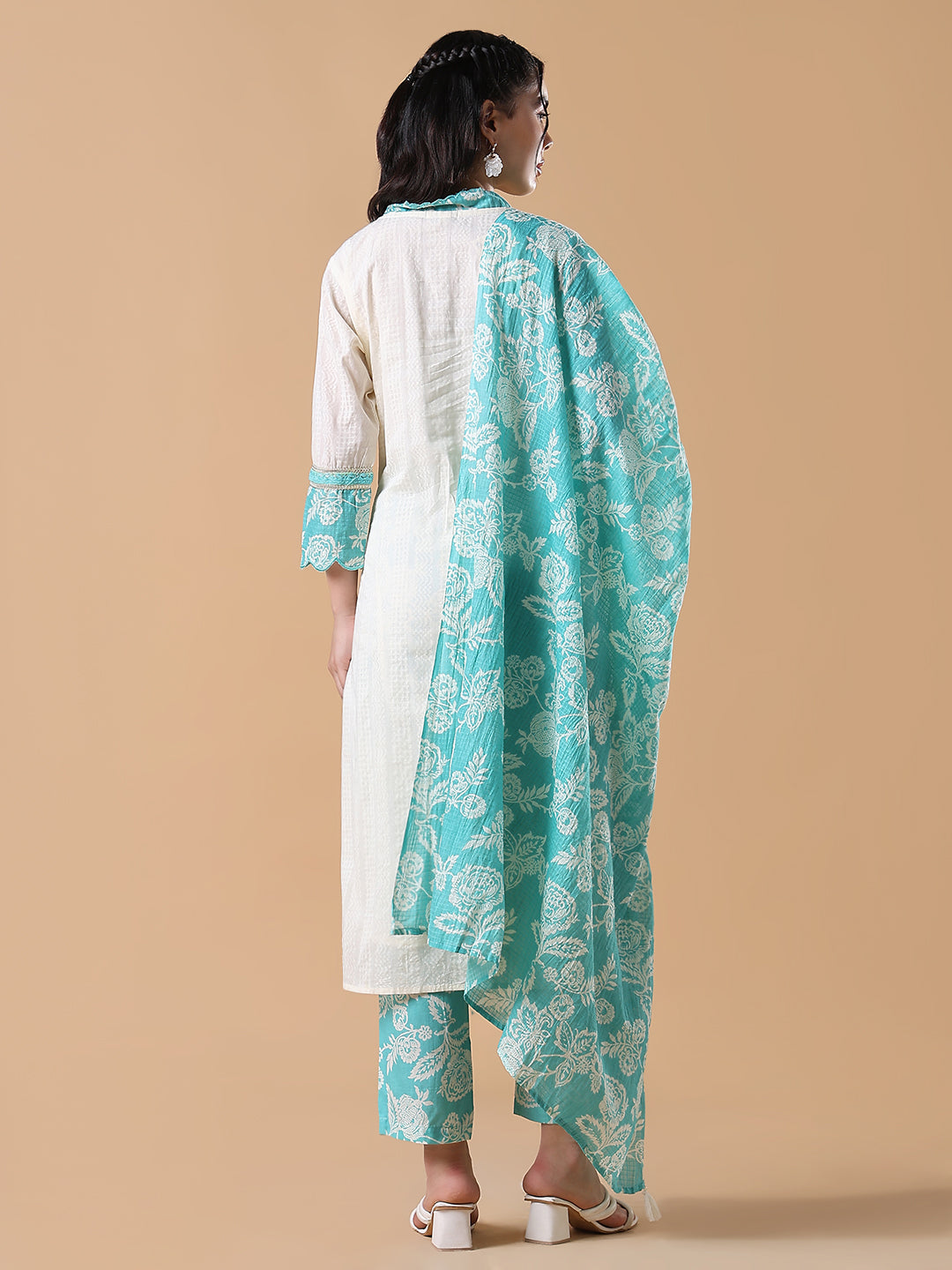 Women Cotton Solid Straight Off White Kurta Set with Dupatta