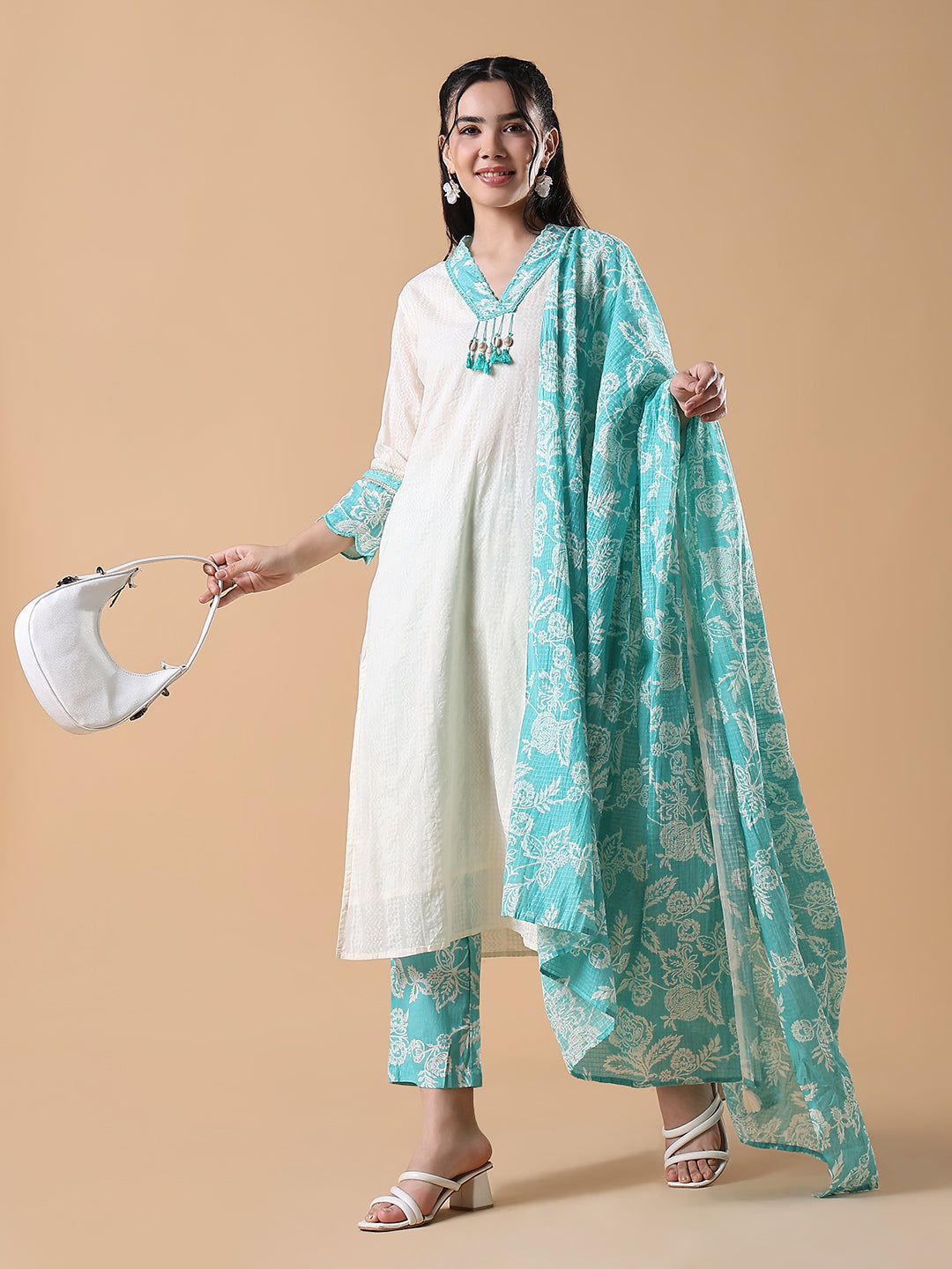 Women Cotton Solid Straight Off White Kurta Set with Dupatta