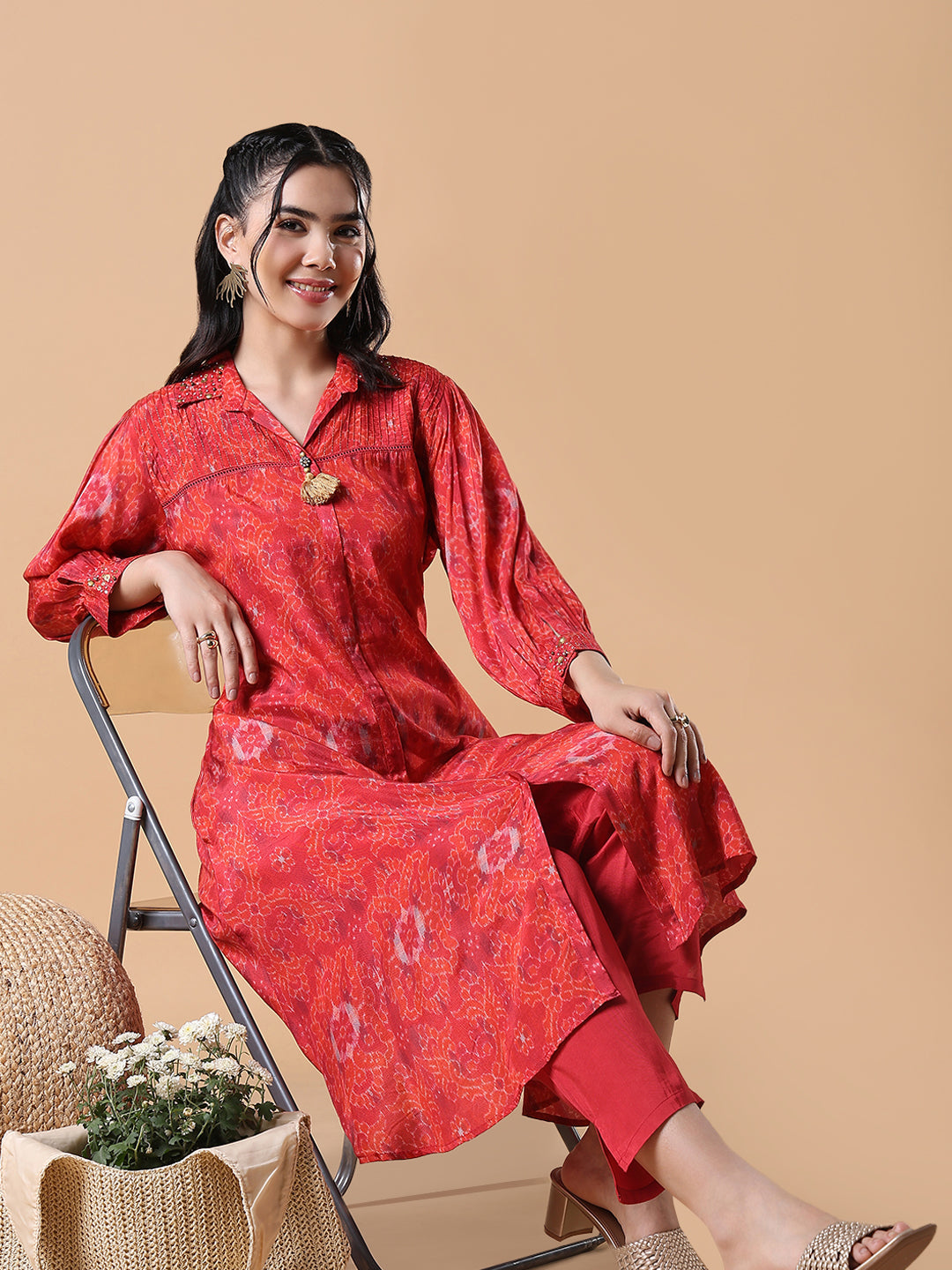 Women Ethnic Motifs A-Line Red Kurta Set