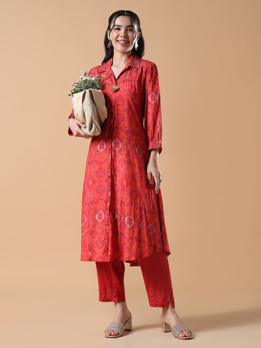 Women Ethnic Motifs A-Line Red Kurta Set