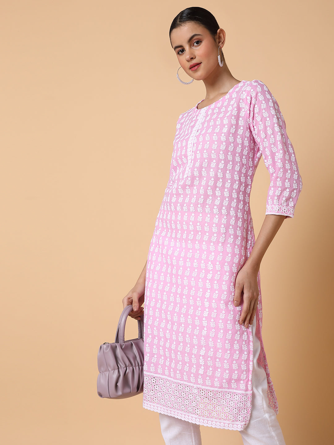 Women Floral Chikankari Pink Straight Kurta