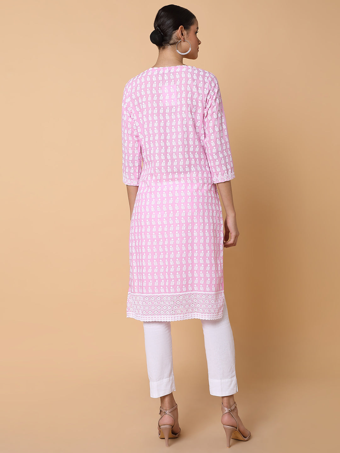 Women Floral Chikankari Pink Straight Kurta