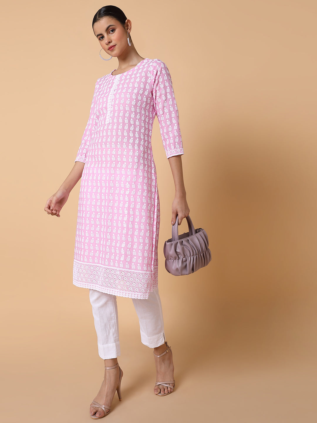 Women Floral Chikankari Pink Straight Kurta