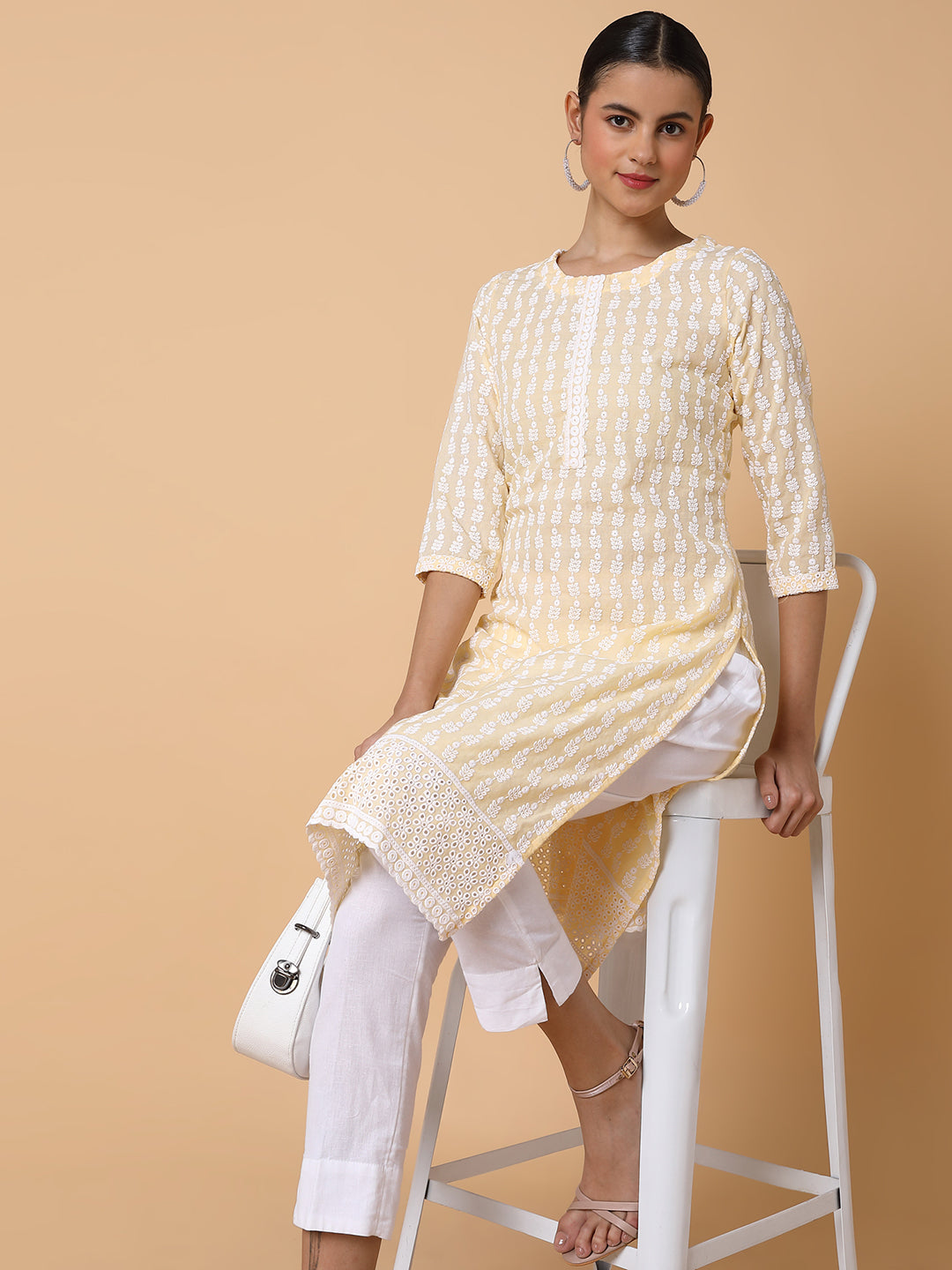 Women Floral Chikankari Yellow Straight Kurta