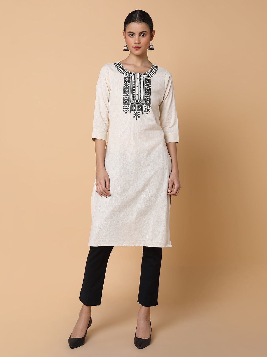 Women Solid Cream Straight Kurta