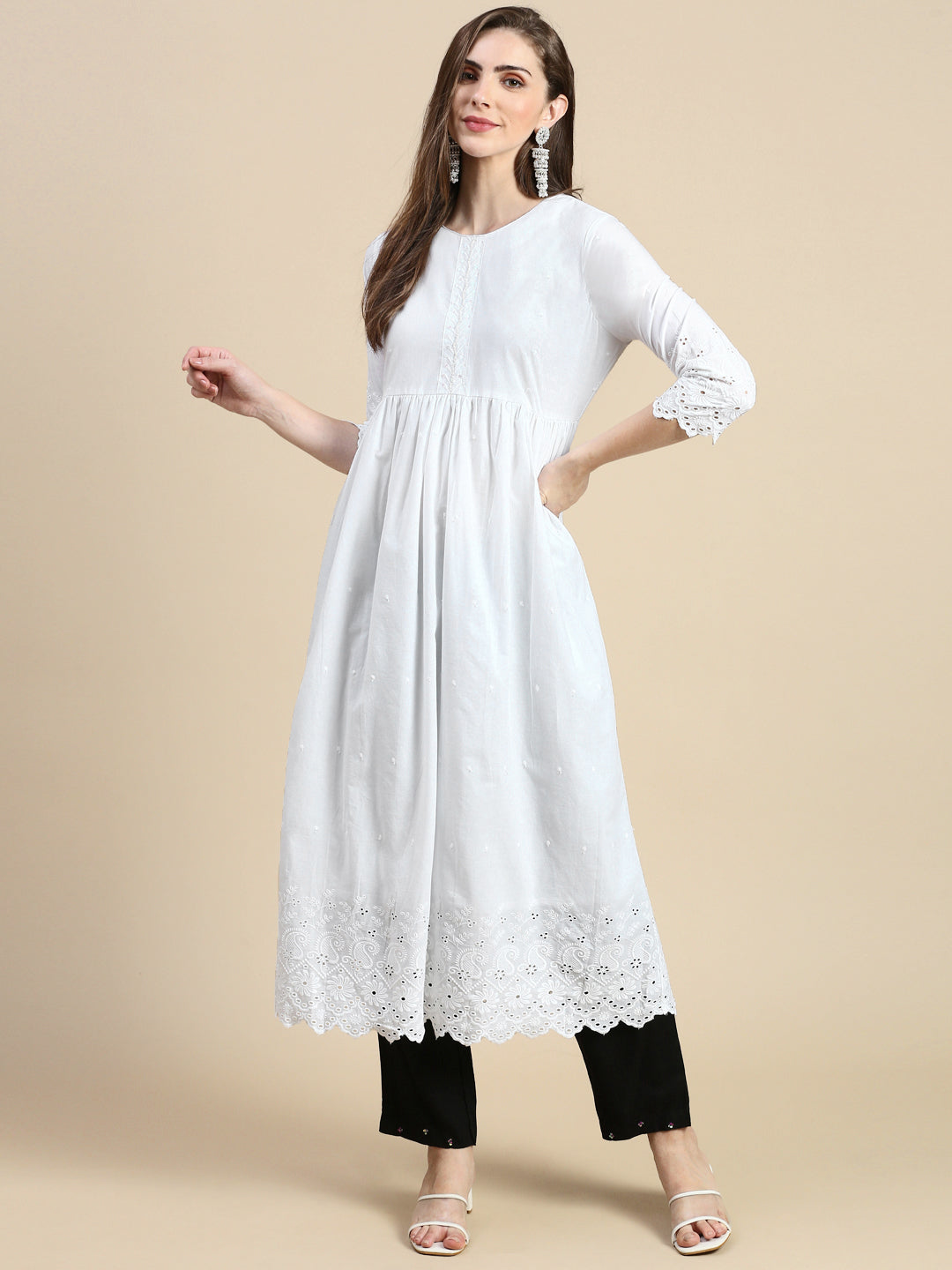 Women Floral White Anarkali Kurta