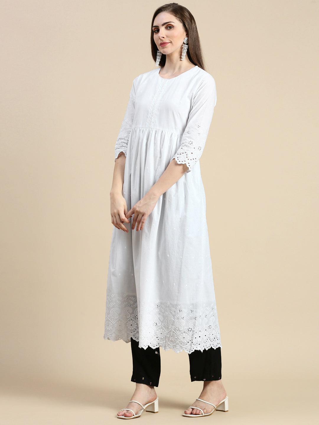 Women Floral White Anarkali Kurta