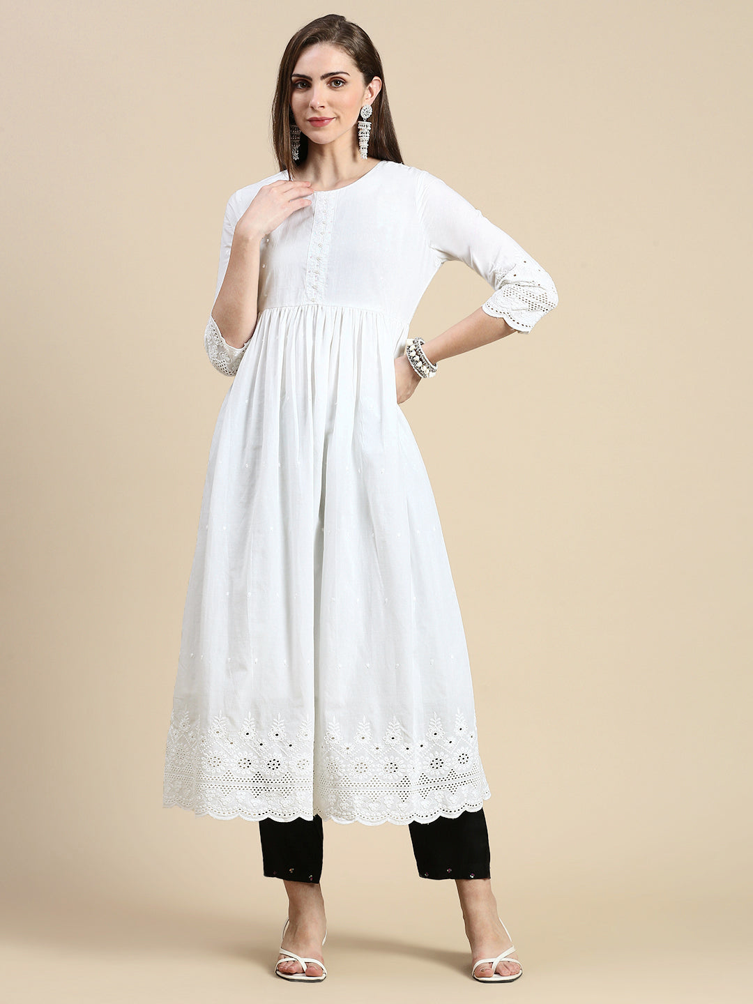 Women Floral White Anarkali Kurta