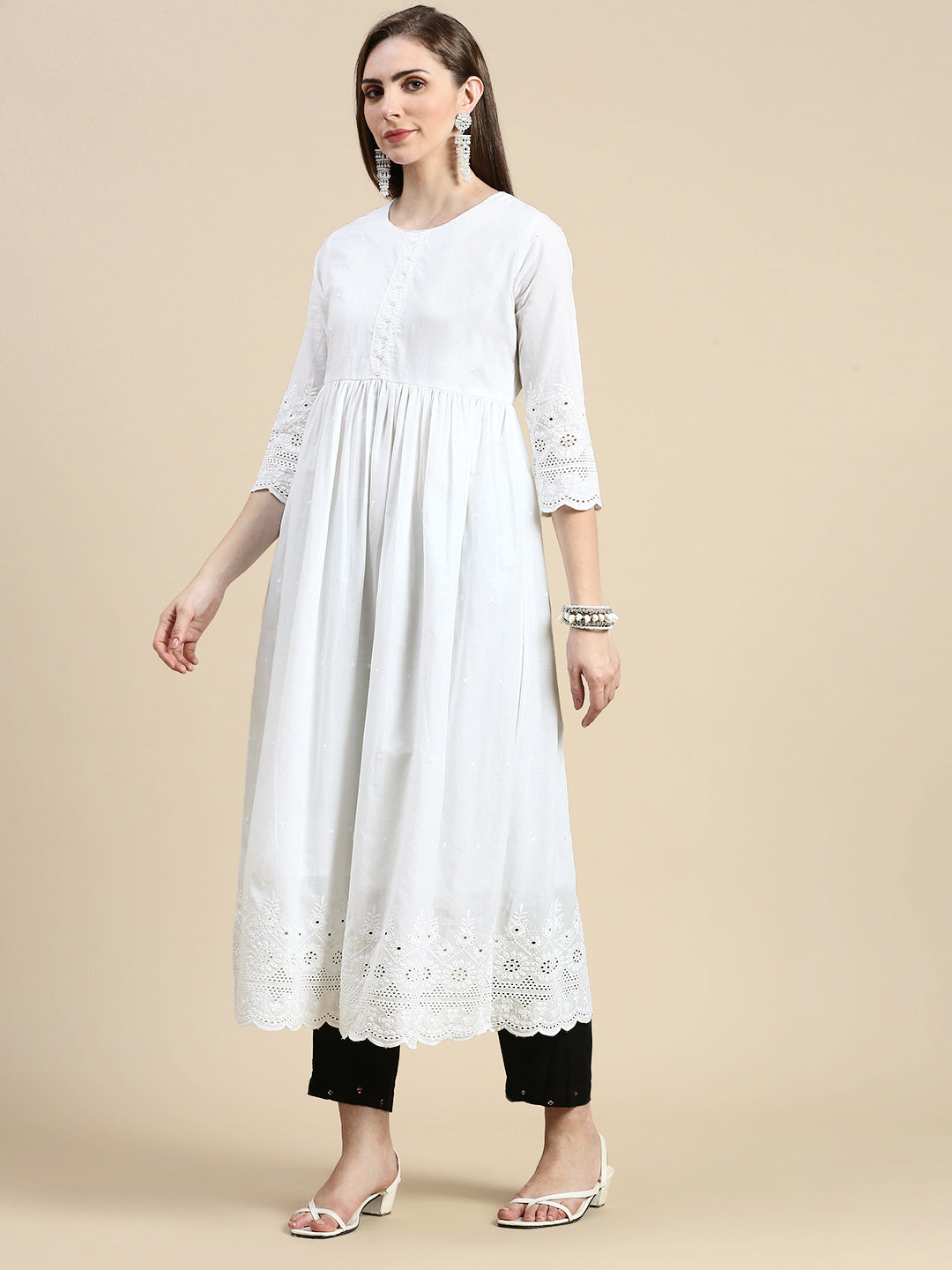 Women Floral White Anarkali Kurta