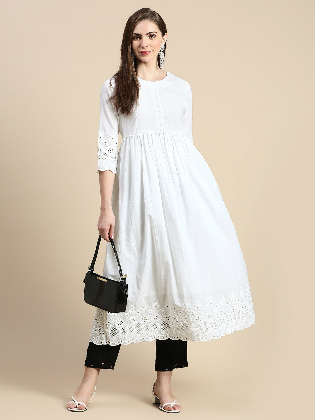 Women Floral White Anarkali Kurta