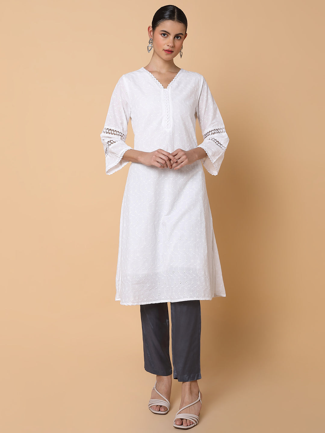 Women Floral White Straight Kurta