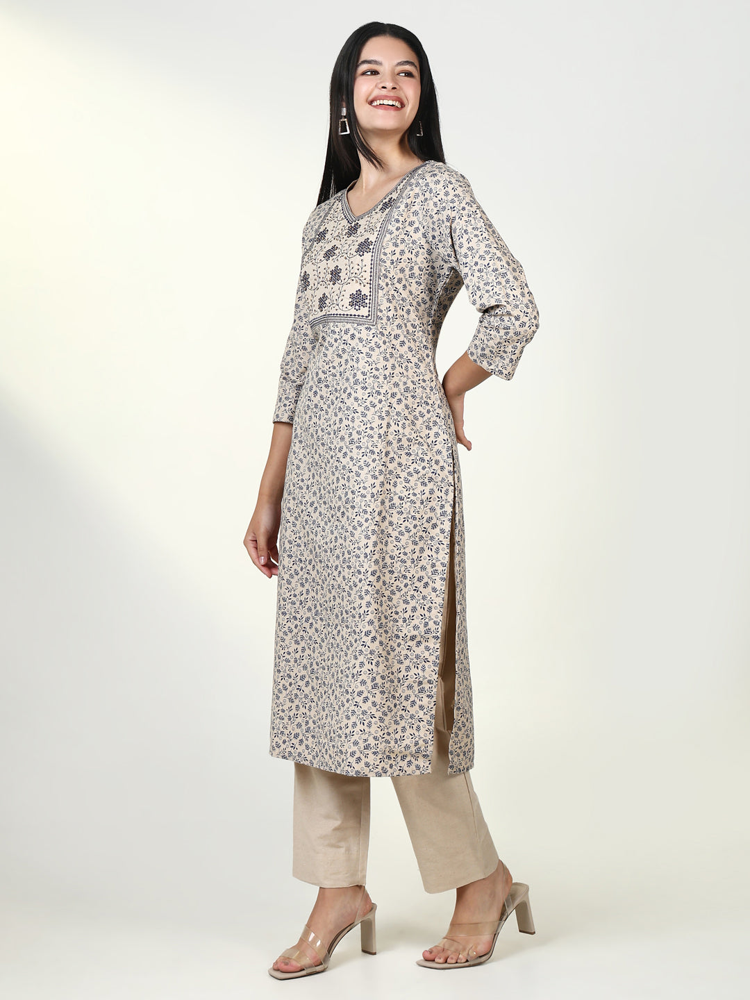 Women Floral Beige Kurta Set with Dupatta