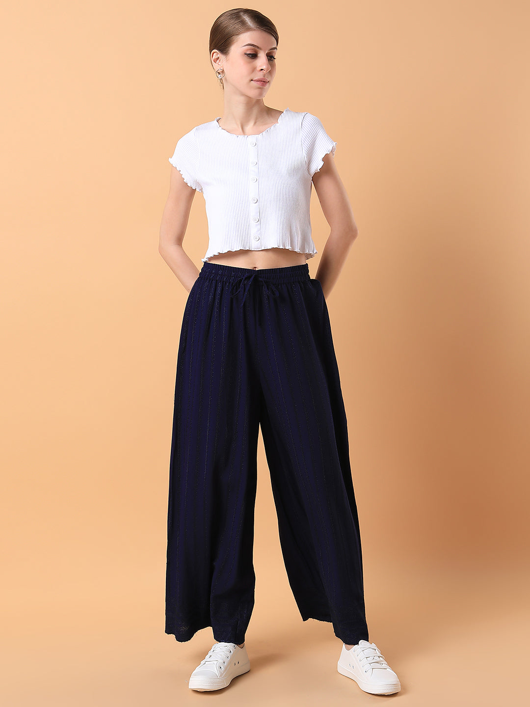 Women Navy Blue Solid Pleated Loose Fit Trouser