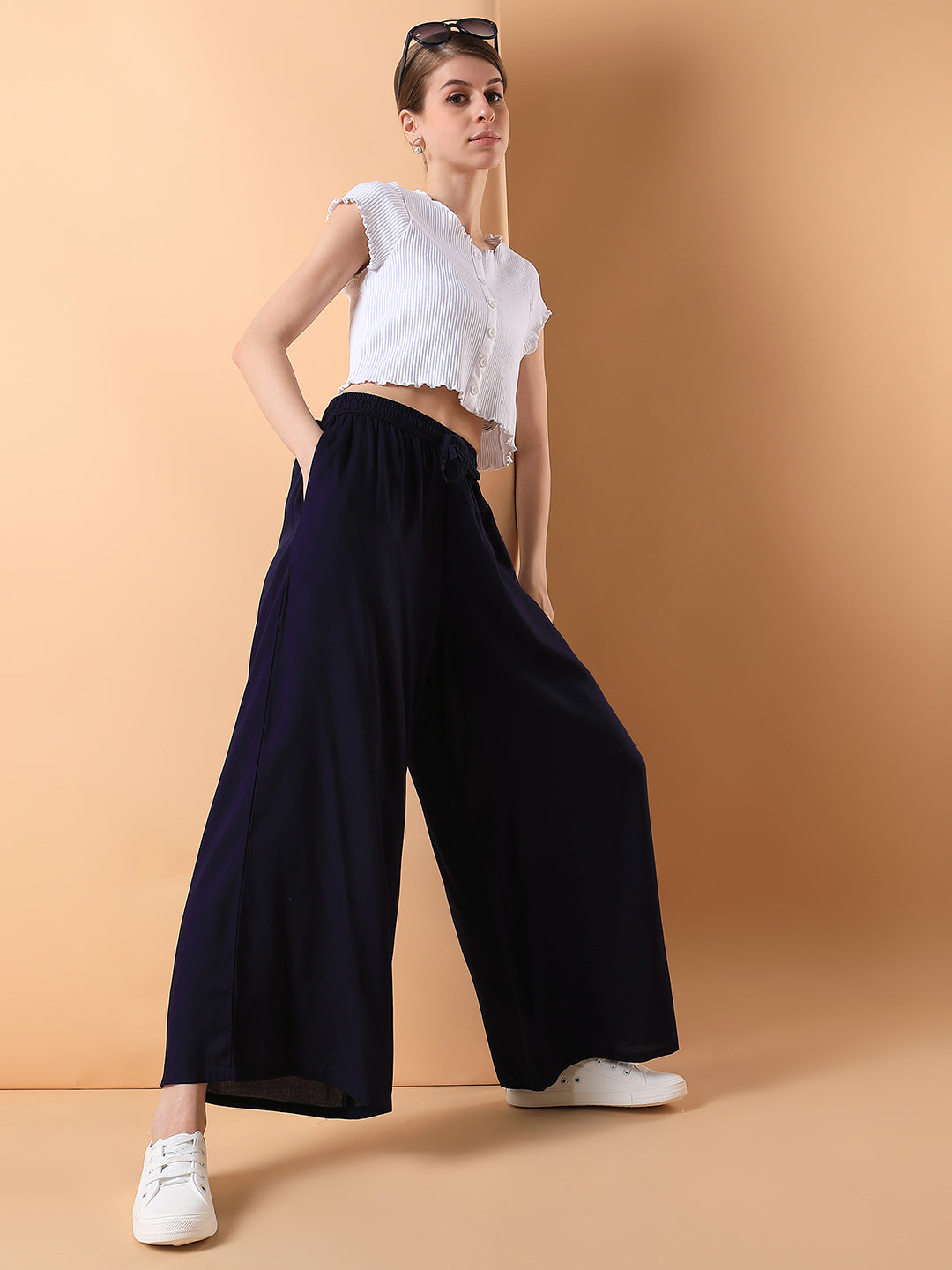 Women Navy Blue Solid Pleated Loose Fit Trouser