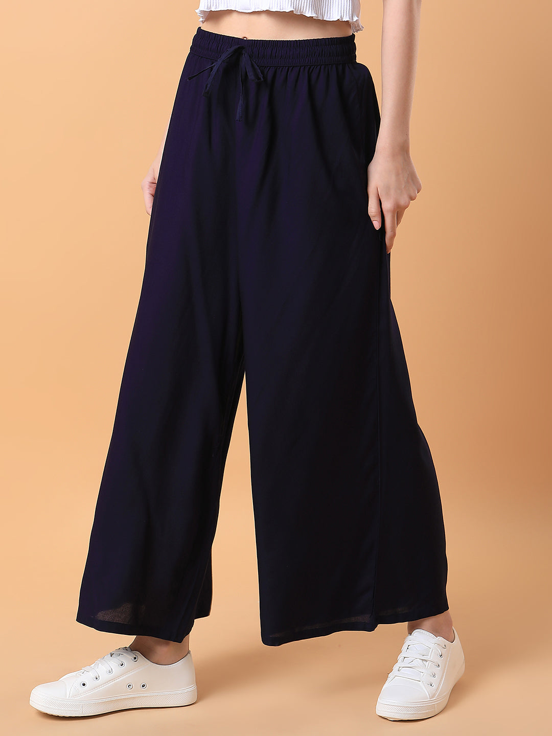 Women Navy Blue Solid Pleated Loose Fit Trouser