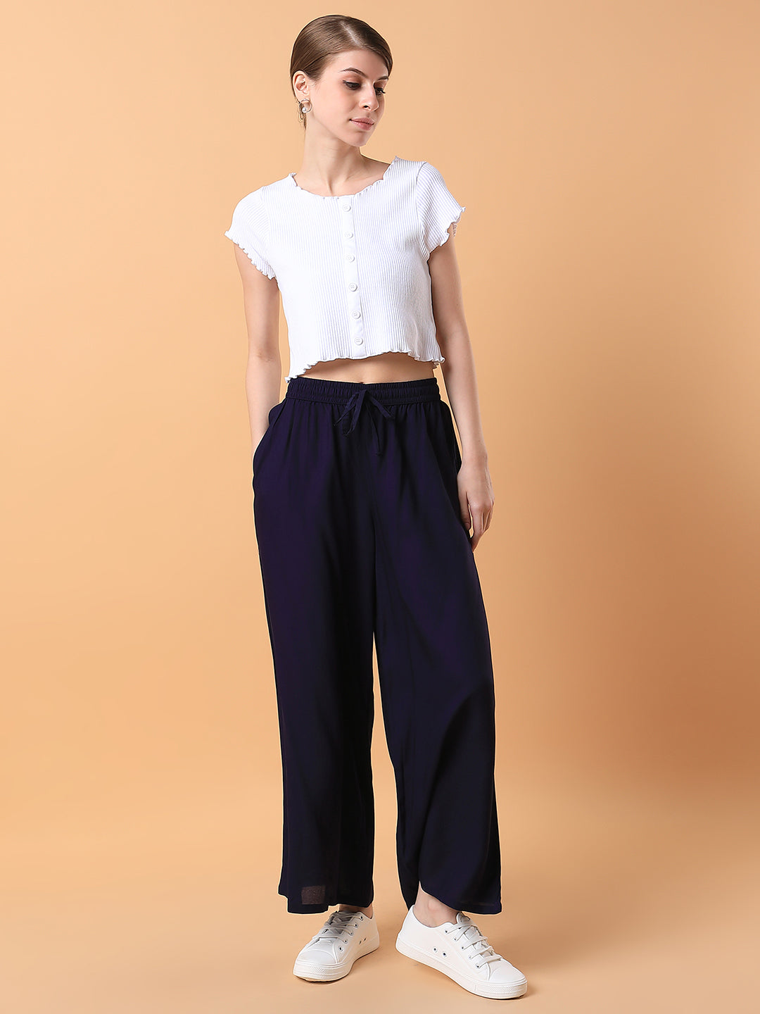 Women Navy Blue Solid Pleated Loose Fit Trouser