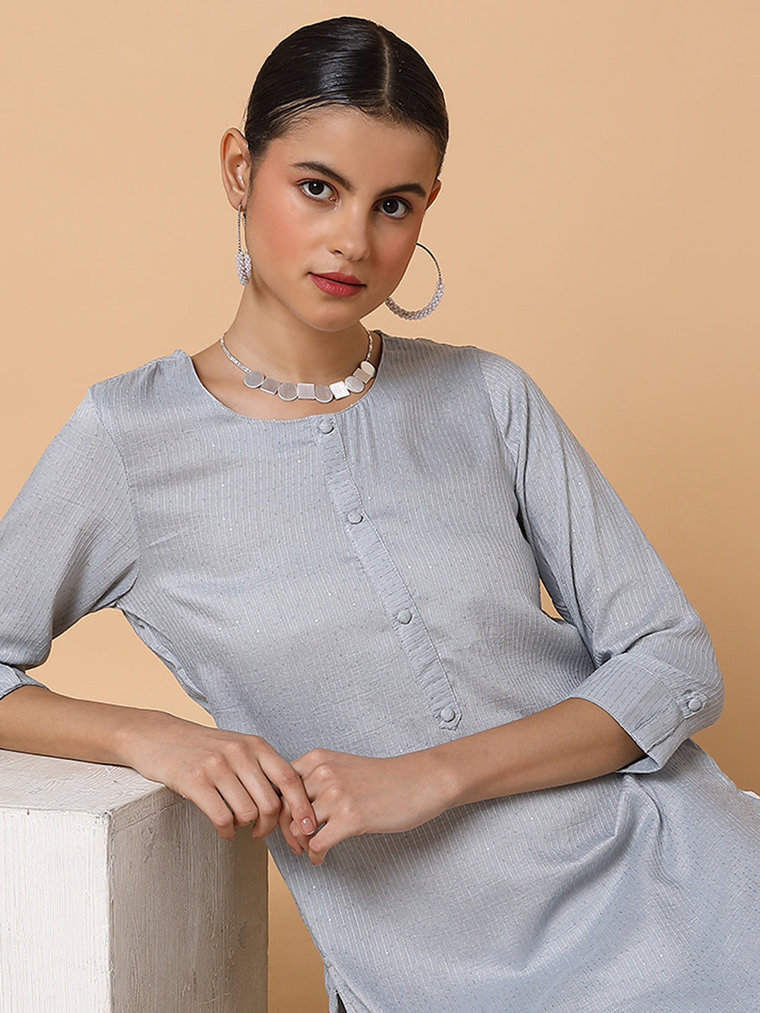 Women Solid Sequins Grey Straight Kurta