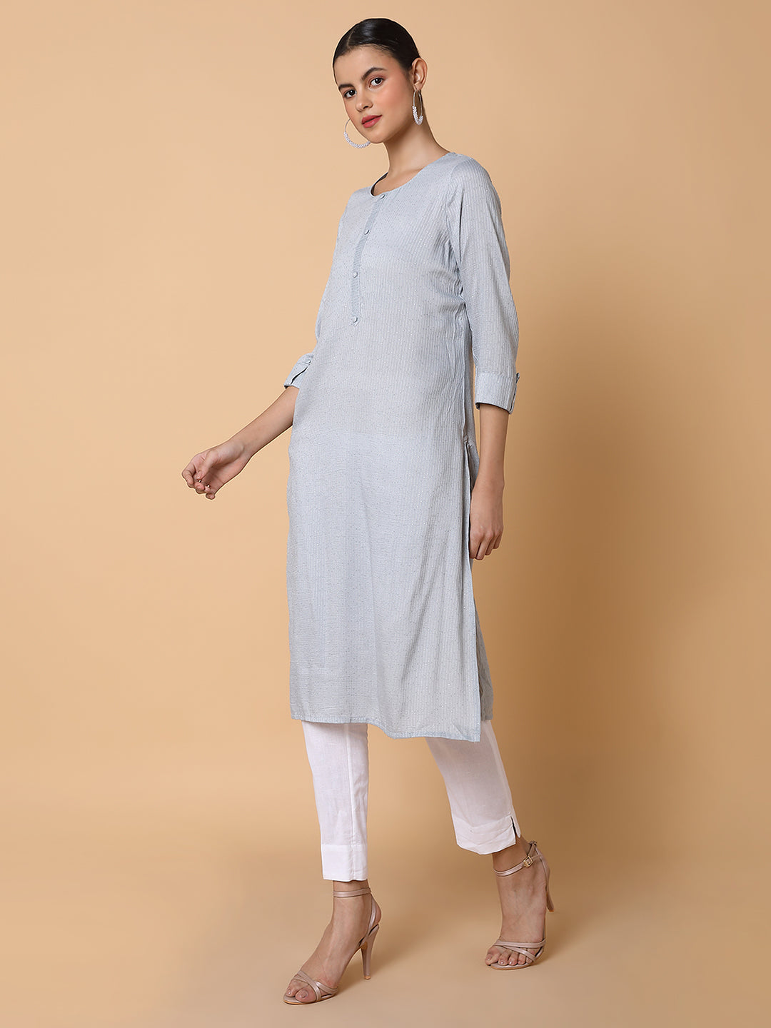 Women Solid Sequins Grey Straight Kurta