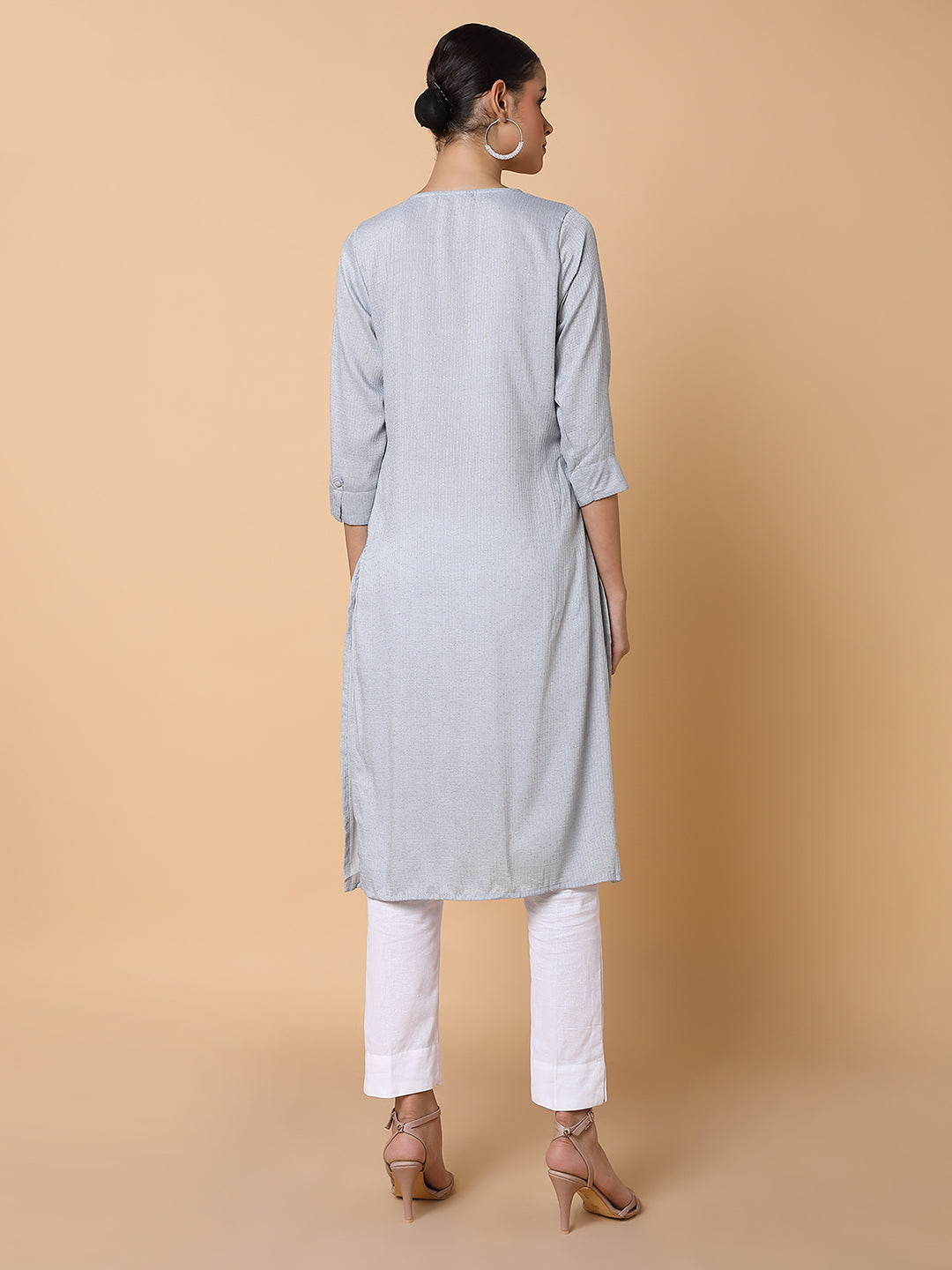 Women Solid Sequins Grey Straight Kurta