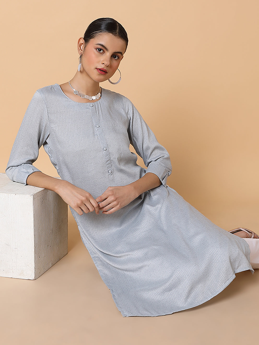 Women Solid Sequins Grey Straight Kurta