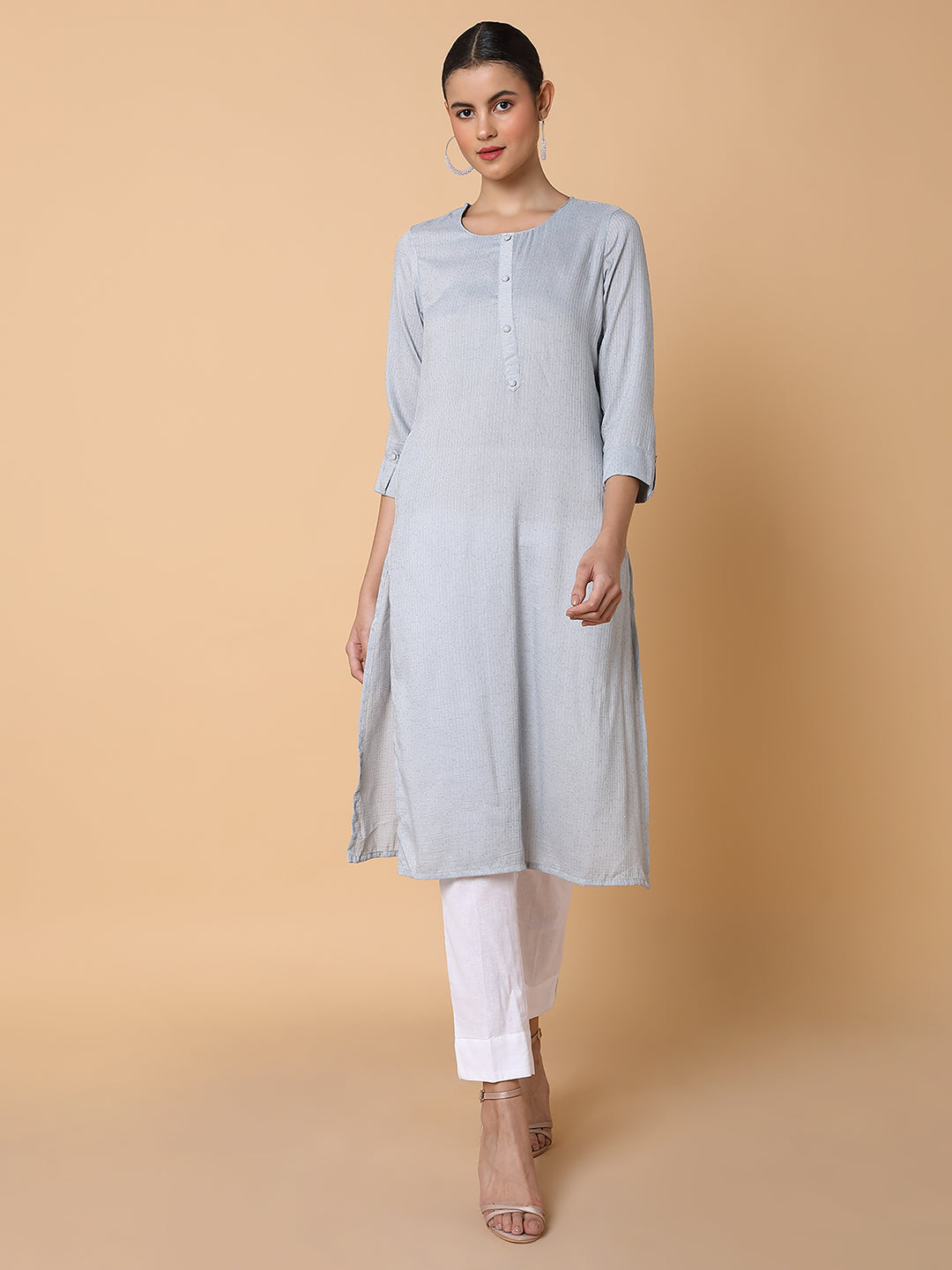 Women Solid Sequins Grey Straight Kurta