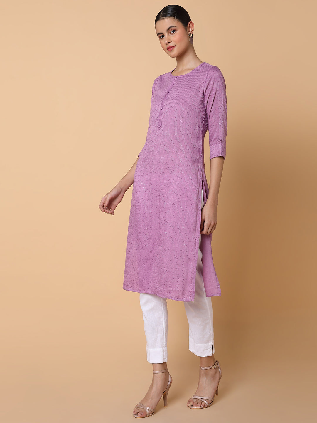 Women Solid Sequins Lavender Straight Kurta