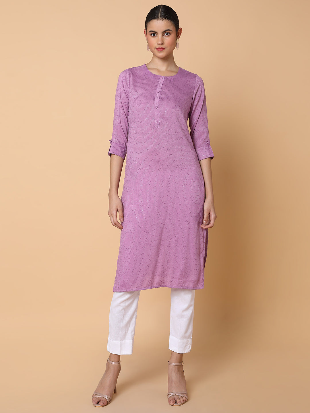 Women Solid Sequins Lavender Straight Kurta