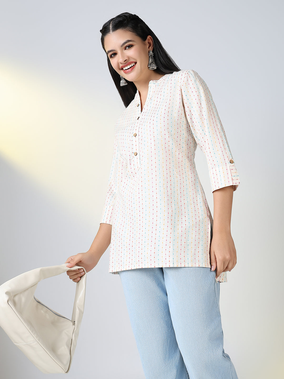 Women Cotton Off White Striped Mandarin Collar Straight Kurti