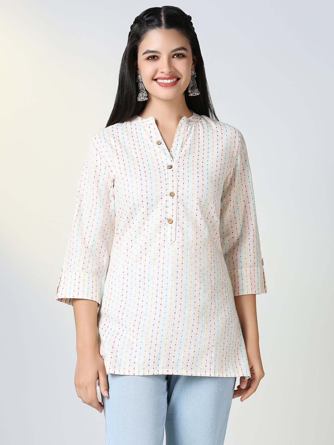 Women Cotton Off White Striped Mandarin Collar Straight Kurti