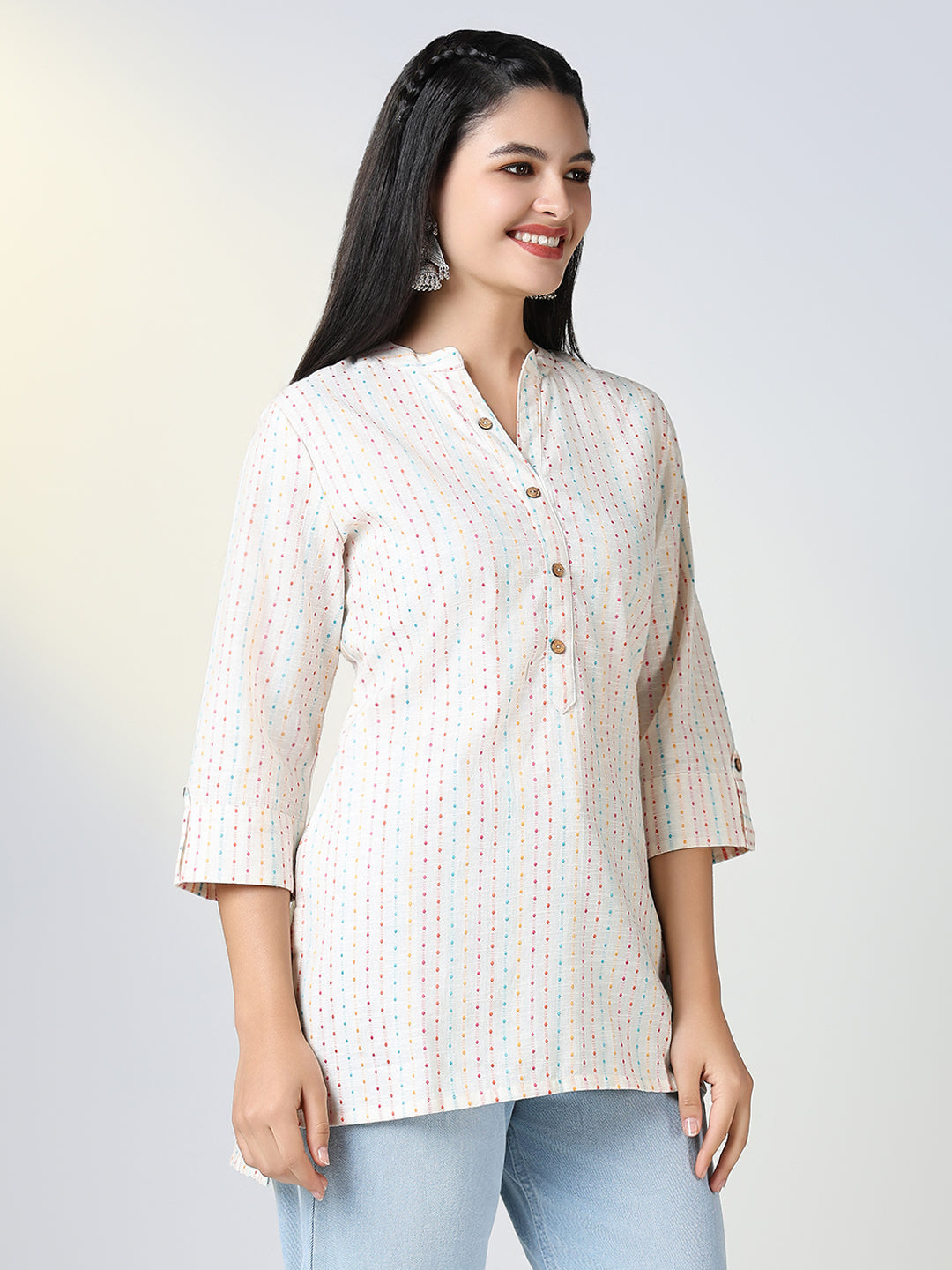 Women Cotton Off White Striped Mandarin Collar Straight Kurti