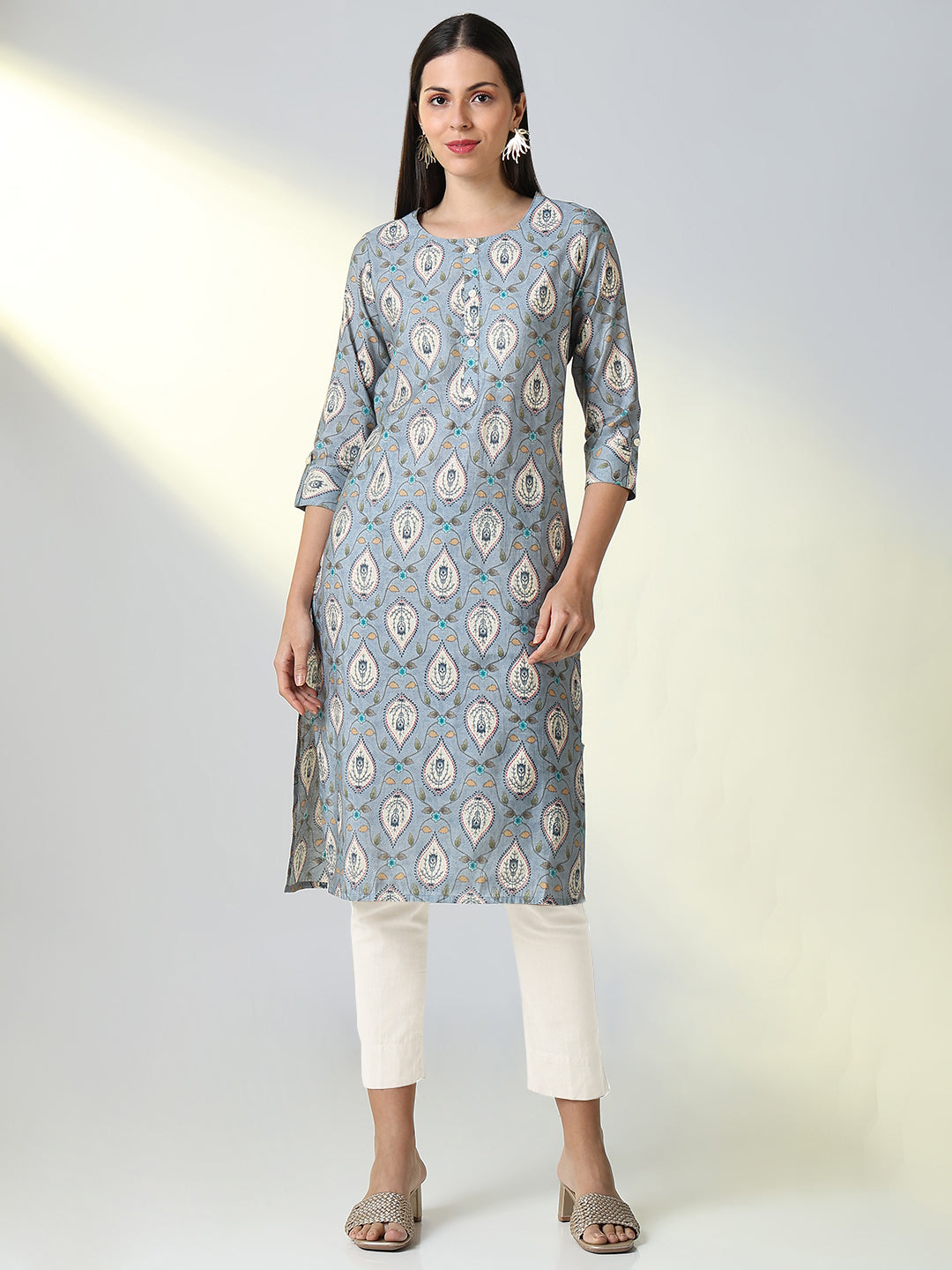 Women Grey Graphic Straight Kurta