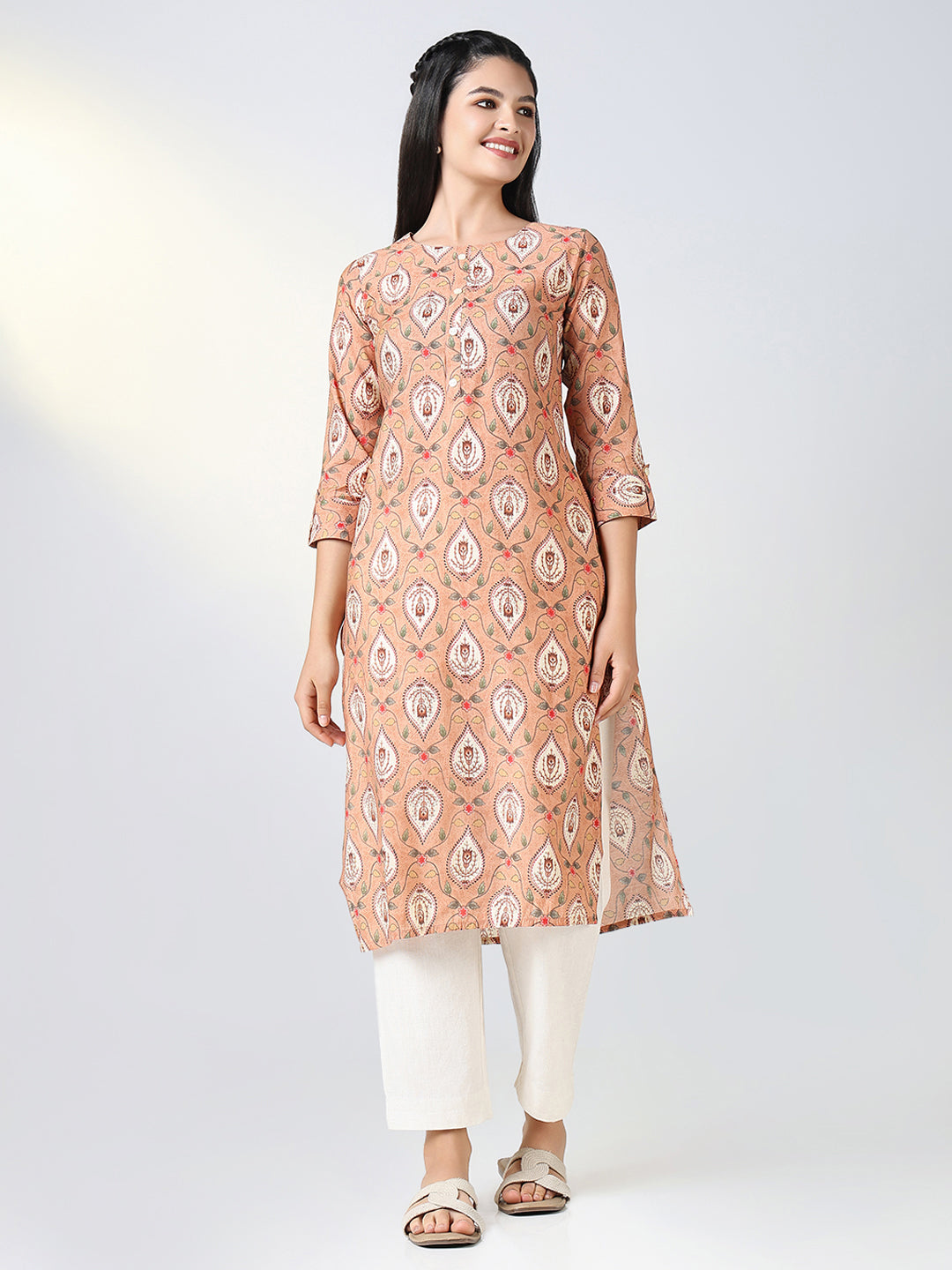 Women Peach Ethnic Motifs Straight Kurta