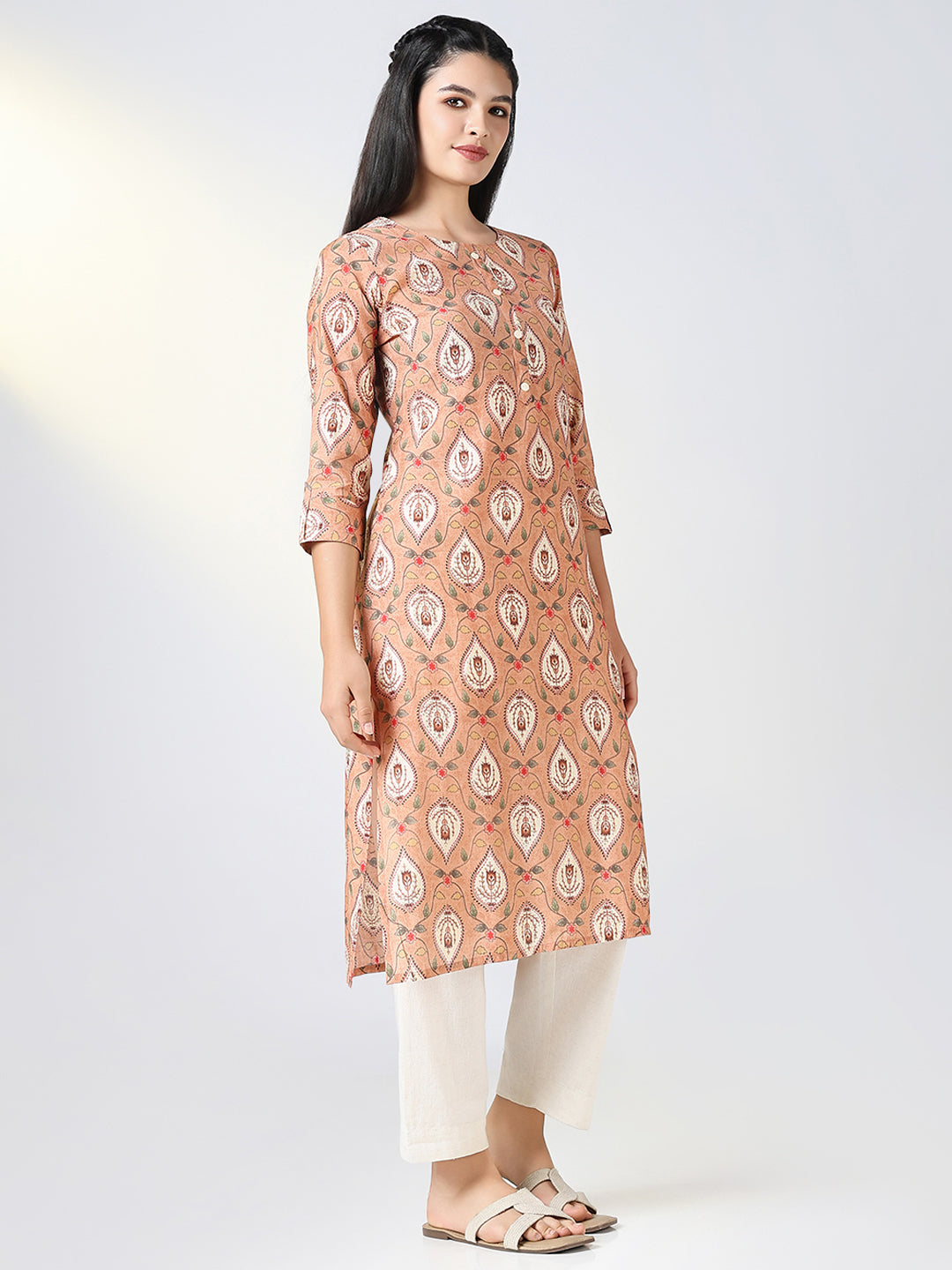 Women Peach Ethnic Motifs Straight Kurta