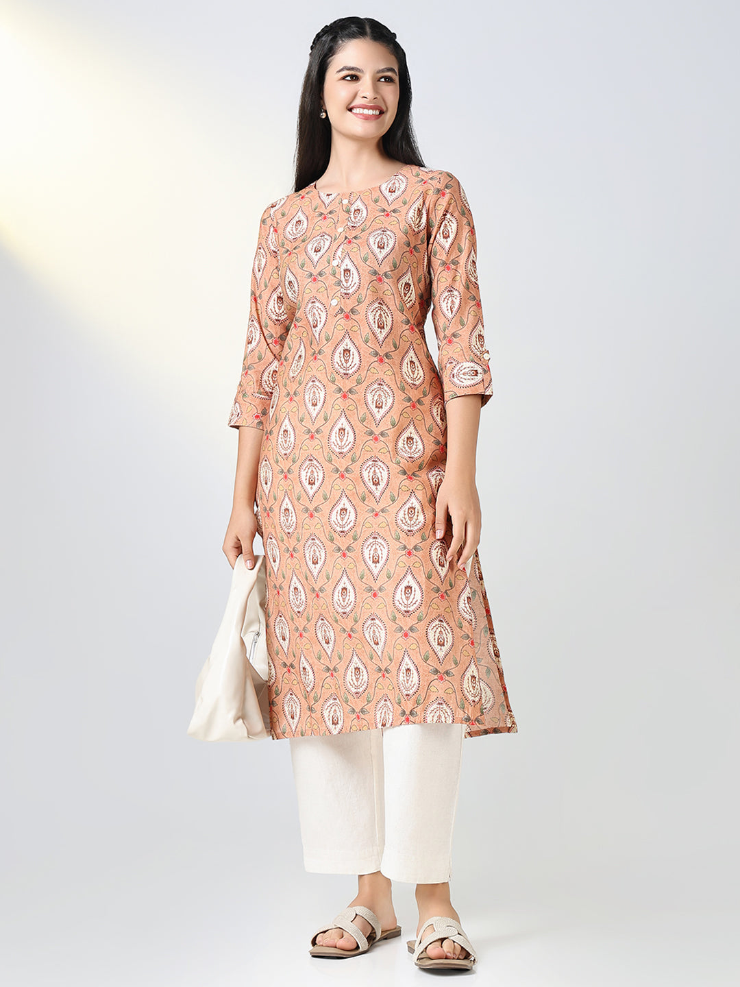 Women Peach Ethnic Motifs Straight Kurta