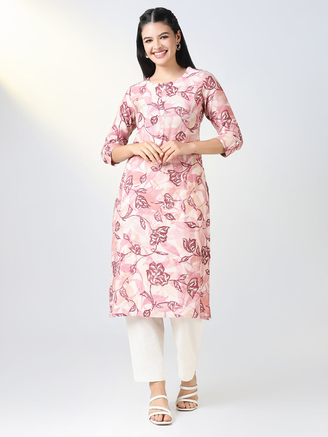 Women Pink Floral Straight Kurta