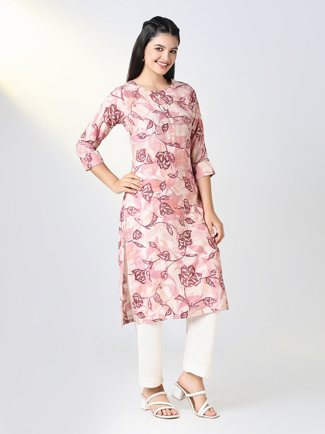 Women Pink Floral Straight Kurta