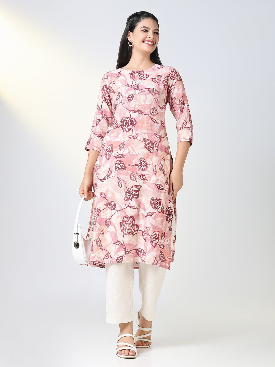 Women Pink Floral Straight Kurta