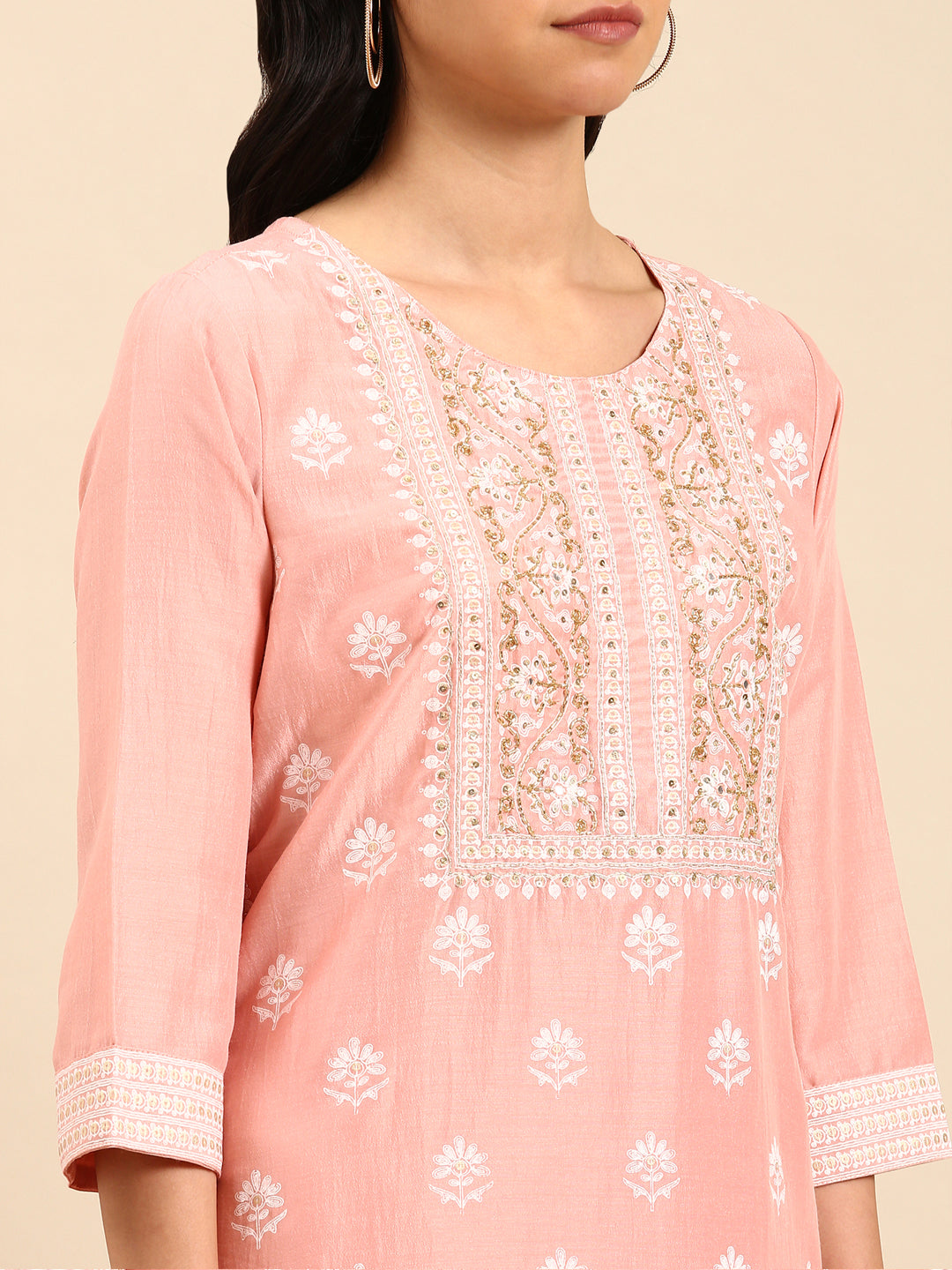 Women Solid Peach Straight Kurta Set