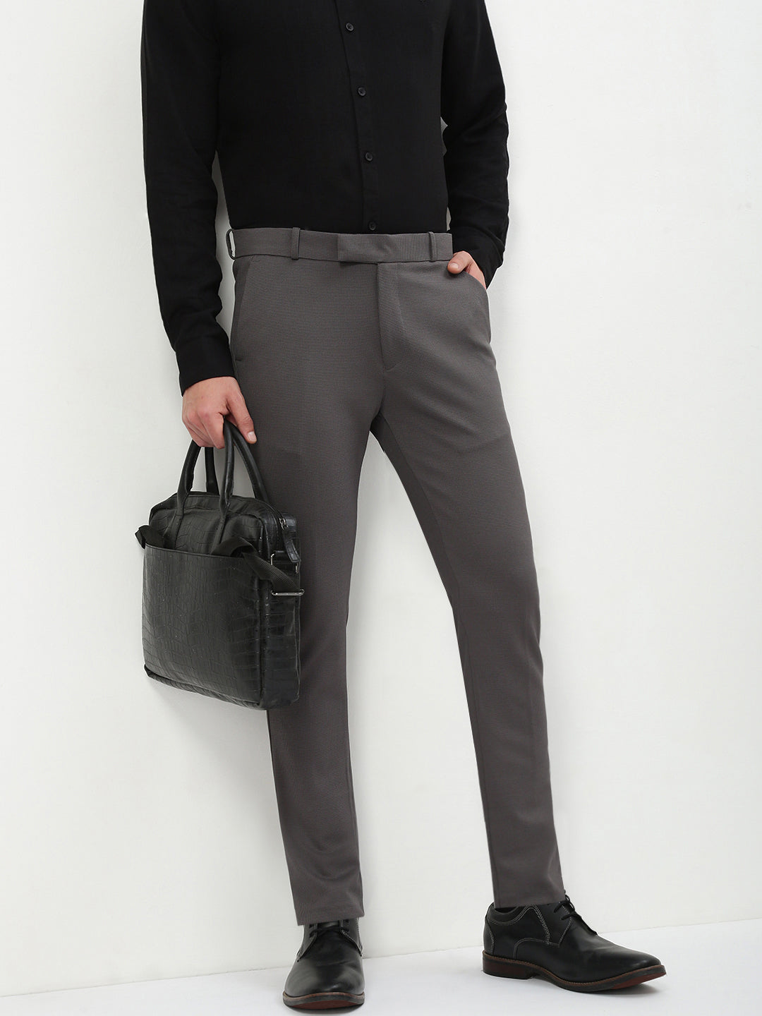 Men Charcoal Solid Formal Trousers